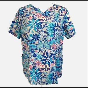 Peaches Uniforms Blue Peace Love Butterflies Flowers Hippie Medical Nurse Tech‎